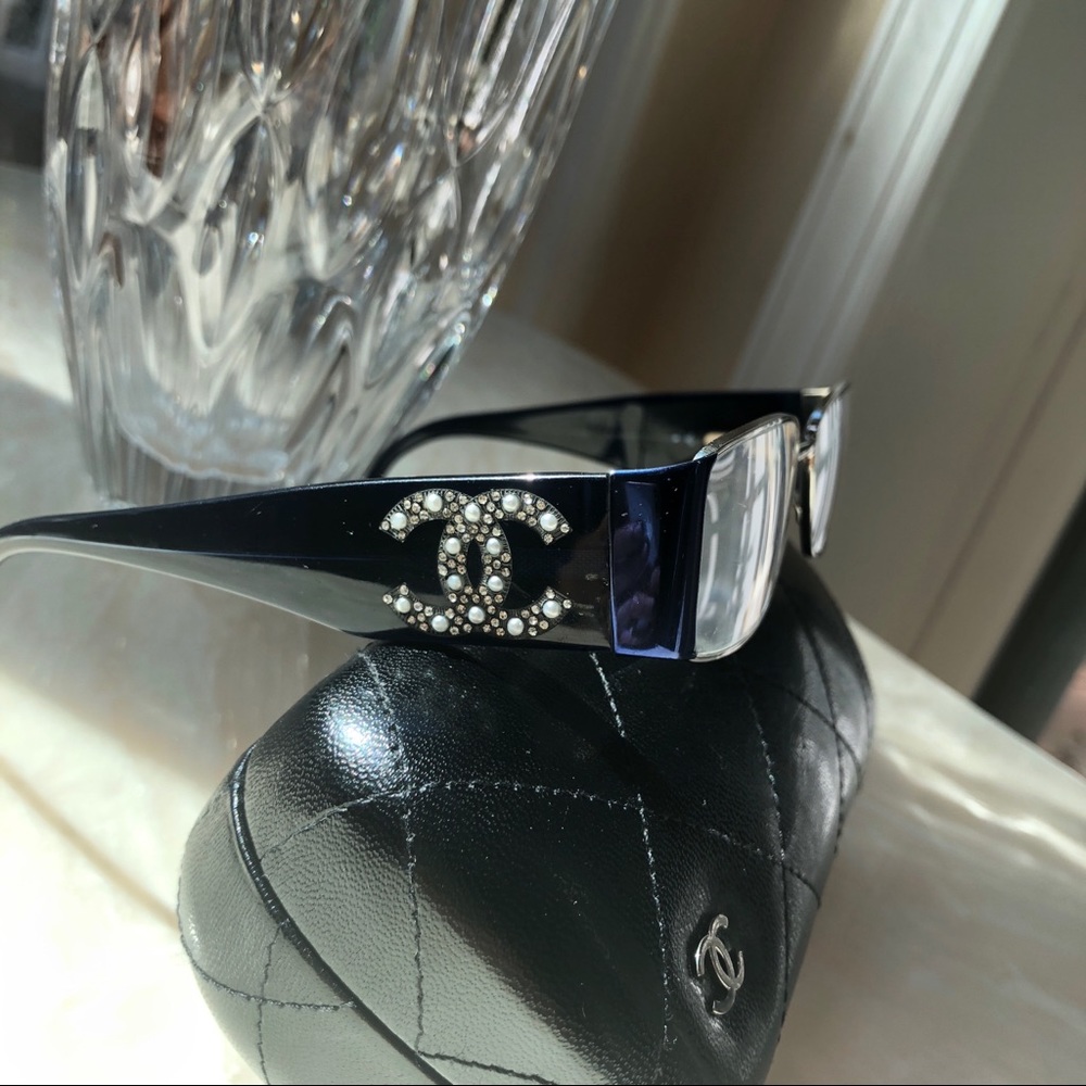Navy CHANEL Glasses w/ Pearls & Swarovski Crystals